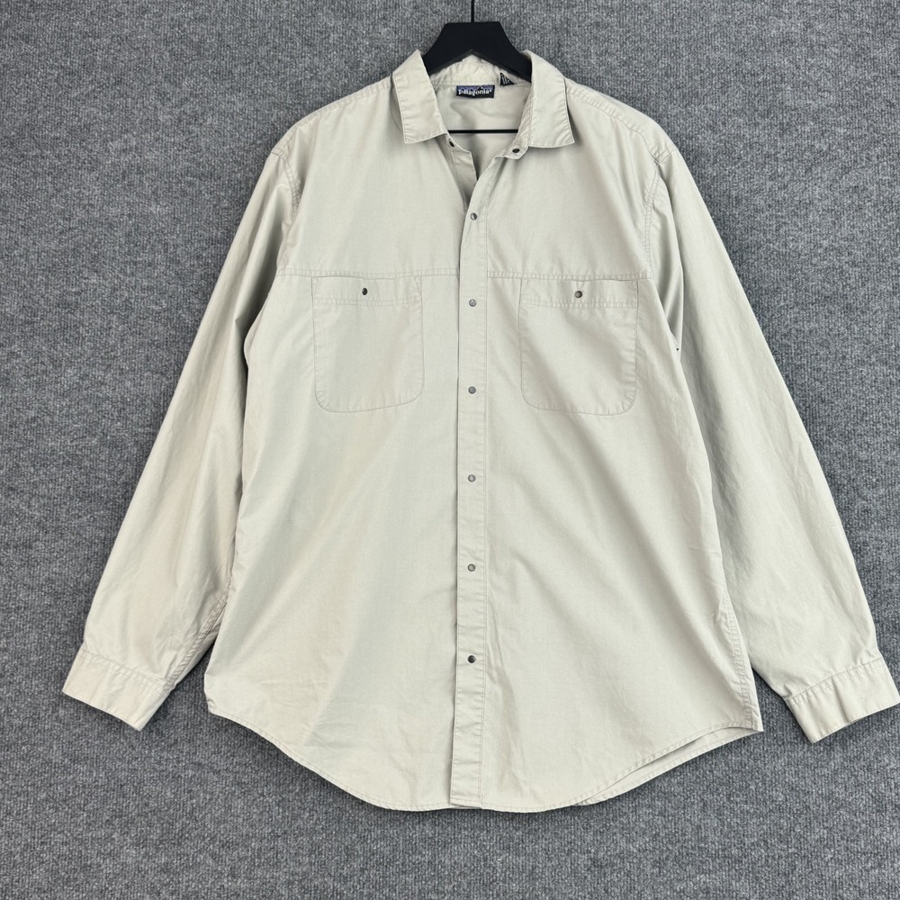 Patagonia Shirt Mens L Beige Snap Front Made Portugal Vintage Outdoor Workwear